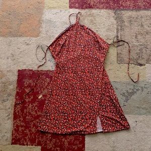 red floral strapless mini dress